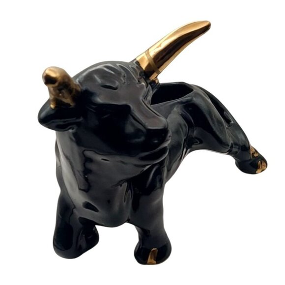 Vintage Black Ceramic Bull Planter Mid-Century Modern Gold Accents 1950s - Picture 2 of 9